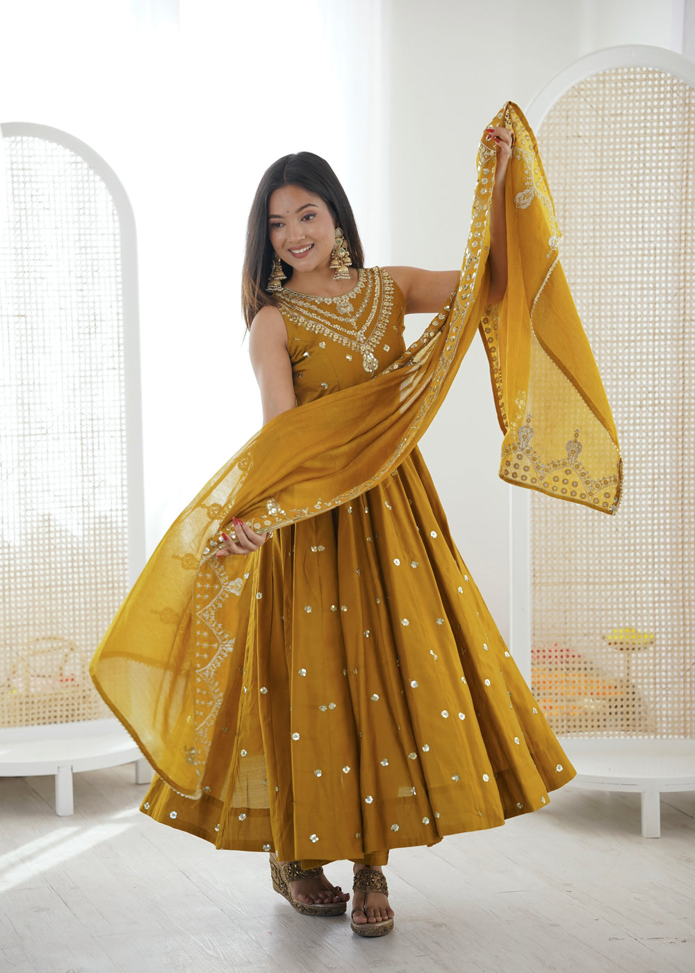 Silk Anarkali Gown Set Featuring Intricate Mirror-Work Embroidery