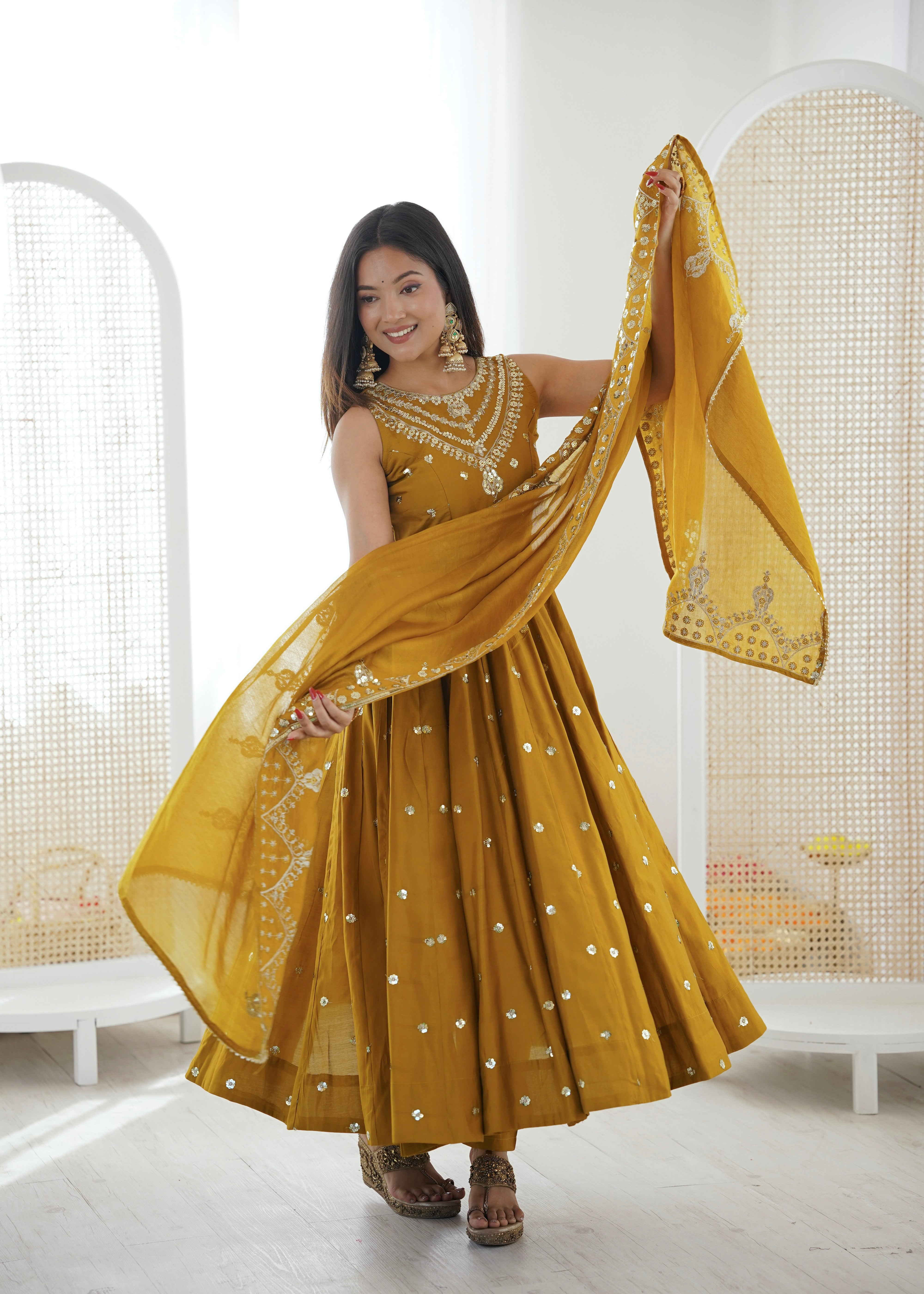 Silk Anarkali Gown Set Featuring Intricate Mirror-Work Embroidery