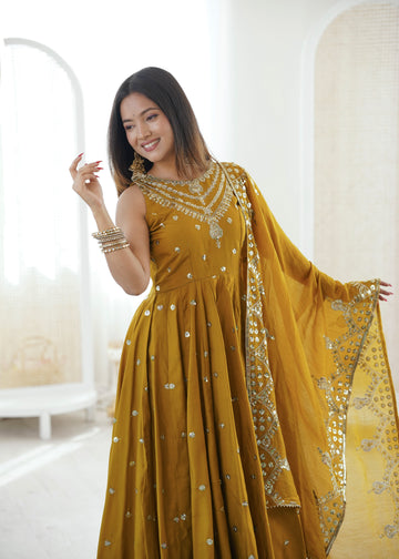 Silk Anarkali Gown Set Featuring Intricate Mirror-Work Embroidery