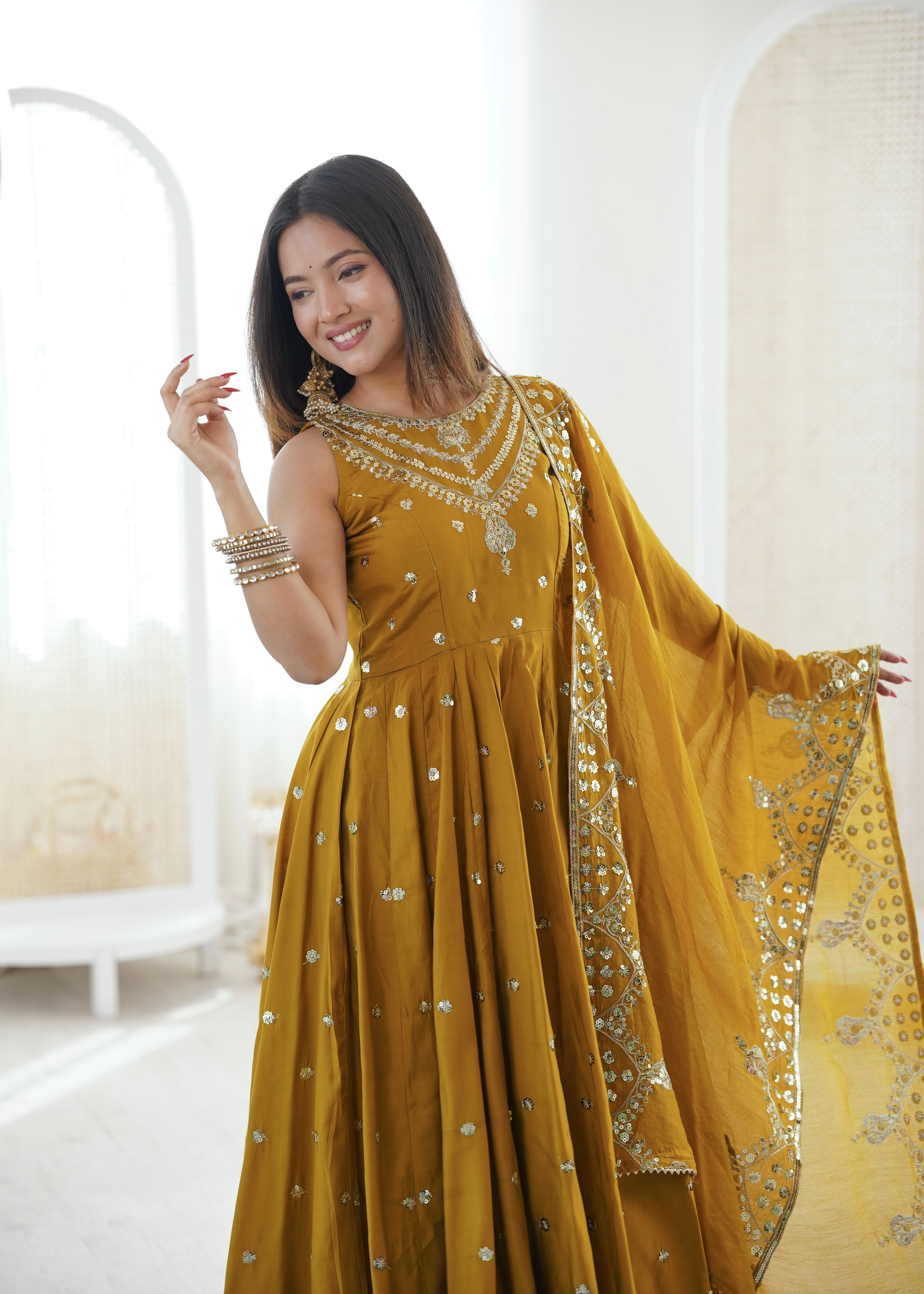 Silk Anarkali Gown Set Featuring Intricate Mirror-Work Embroidery