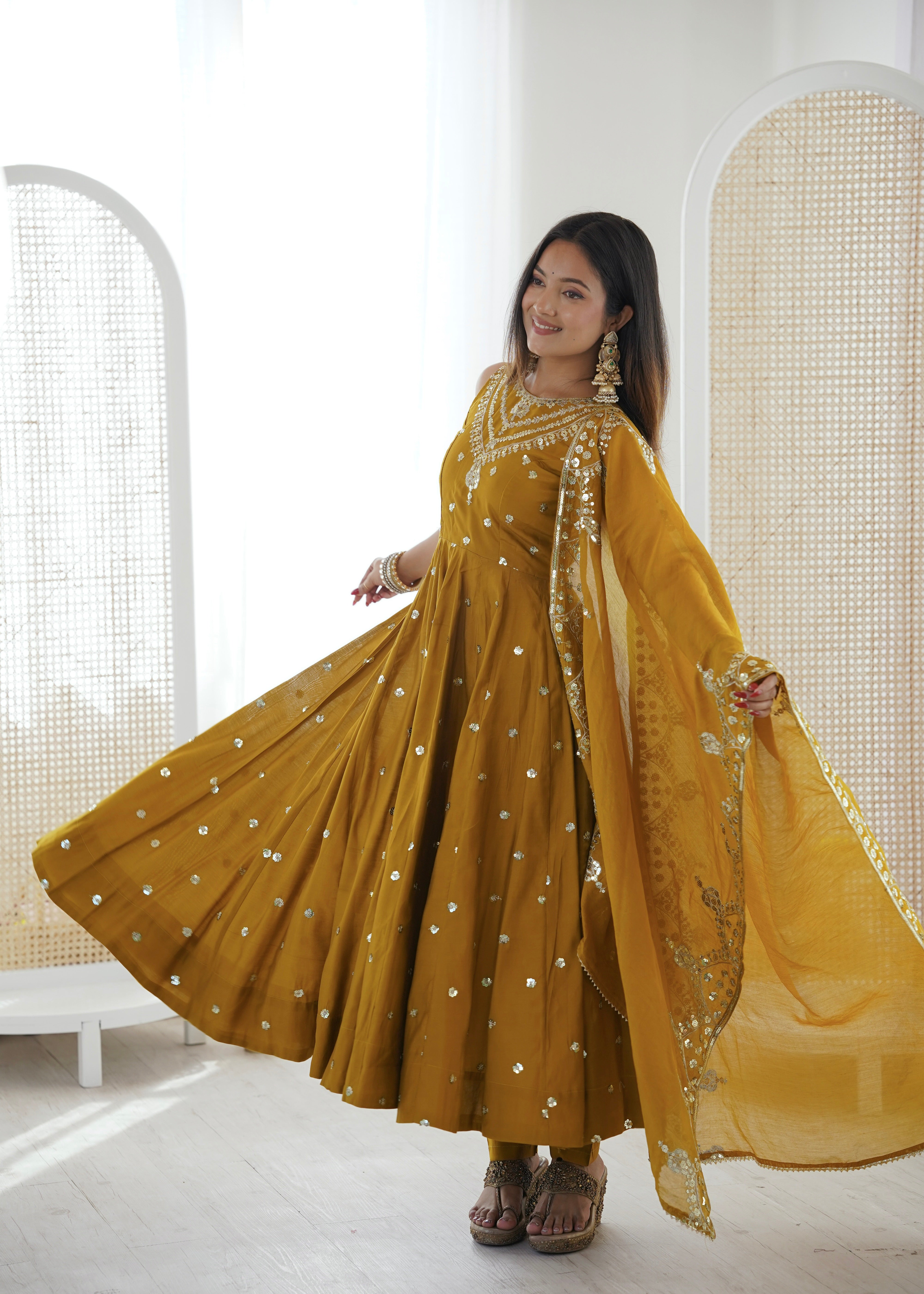 Silk Anarkali Gown Set Featuring Intricate Mirror-Work Embroidery