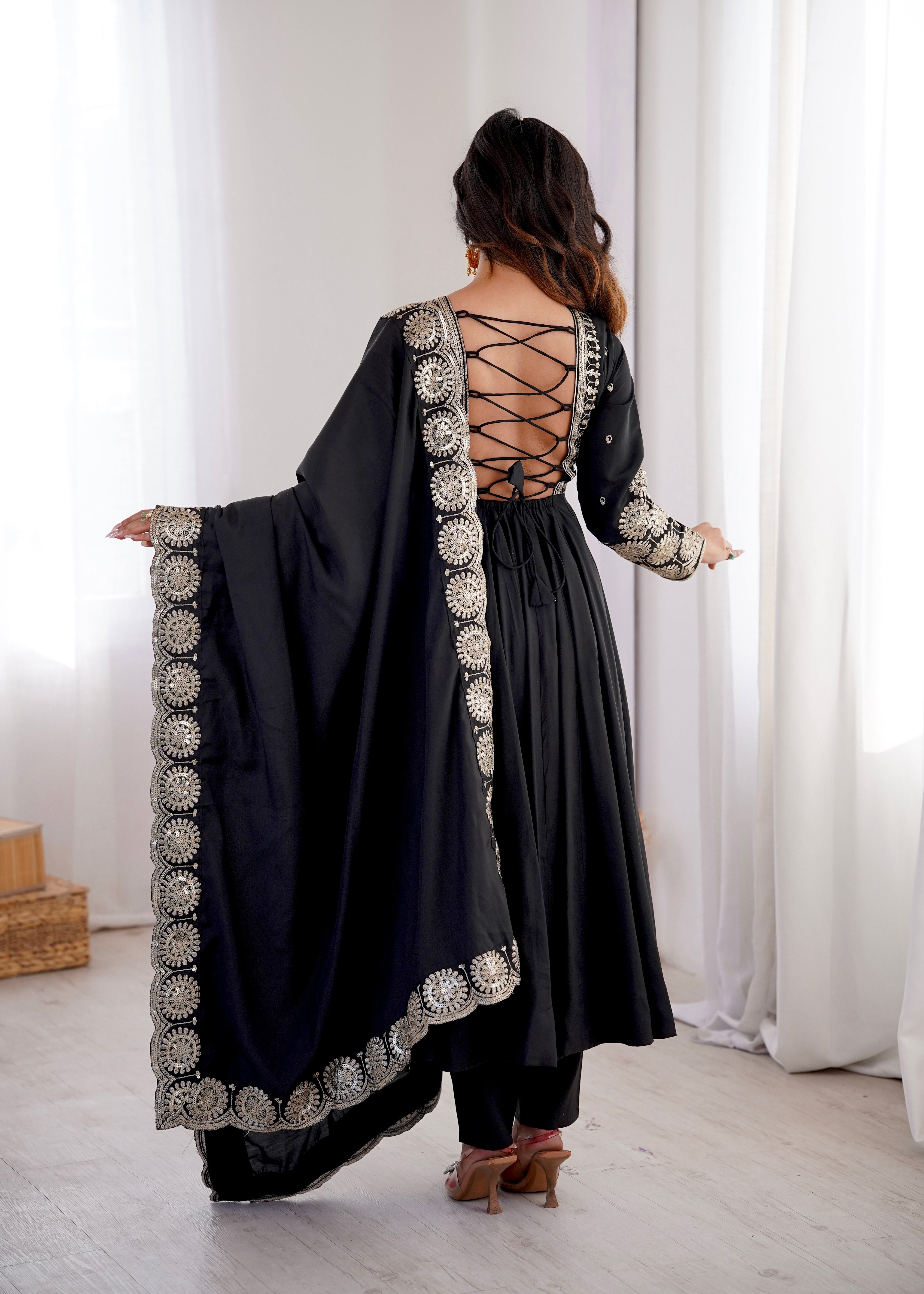 Black Embroidered Sequence Designer Anarkali