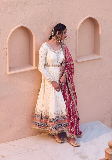 Off-White & Rani Pink Embroidered Georgette Anarkali Gown with Dupatta