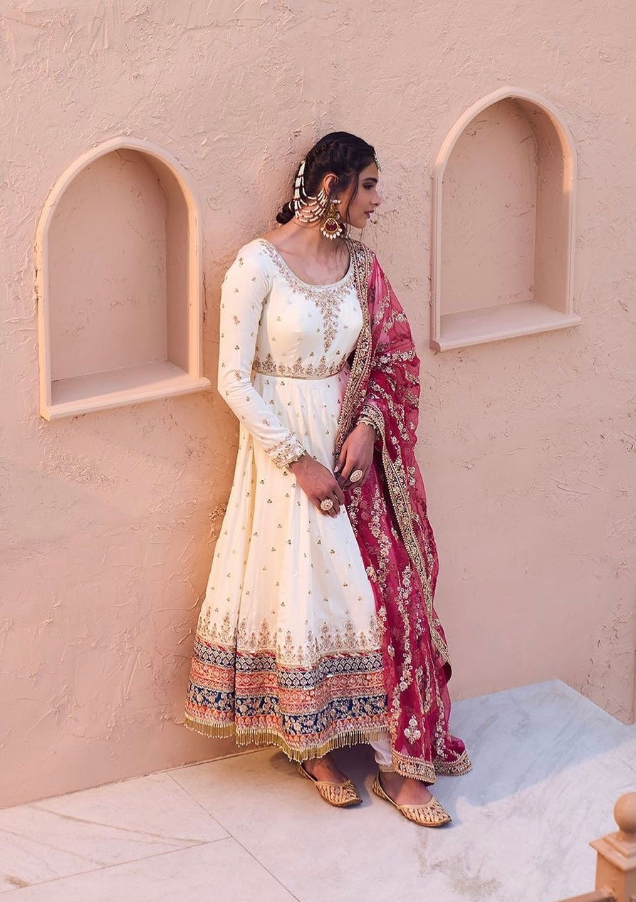 Off-White & Rani Pink Embroidered Georgette Anarkali Gown with Dupatta