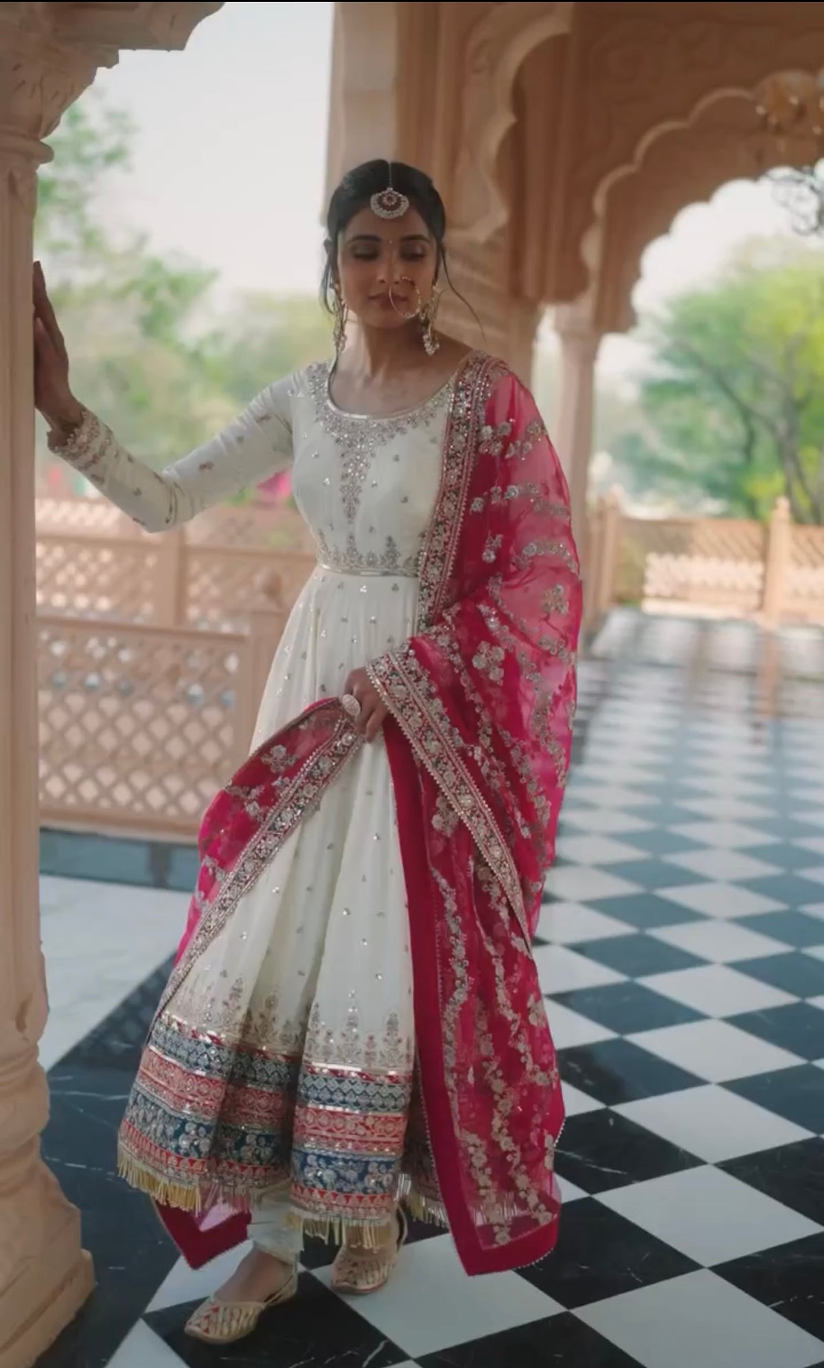 Off-White & Rani Pink Embroidered Georgette Anarkali Gown with Dupatta