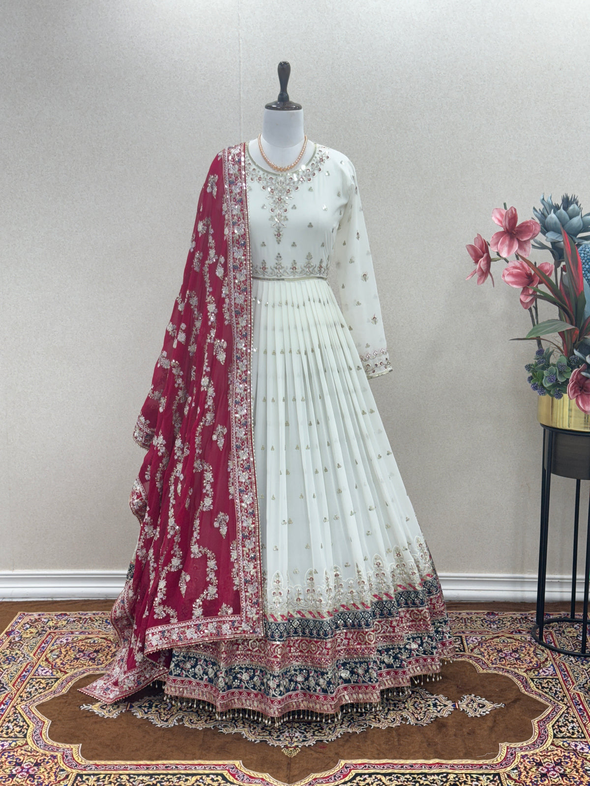 Off-White & Rani Pink Embroidered Georgette Anarkali Gown with Dupatta
