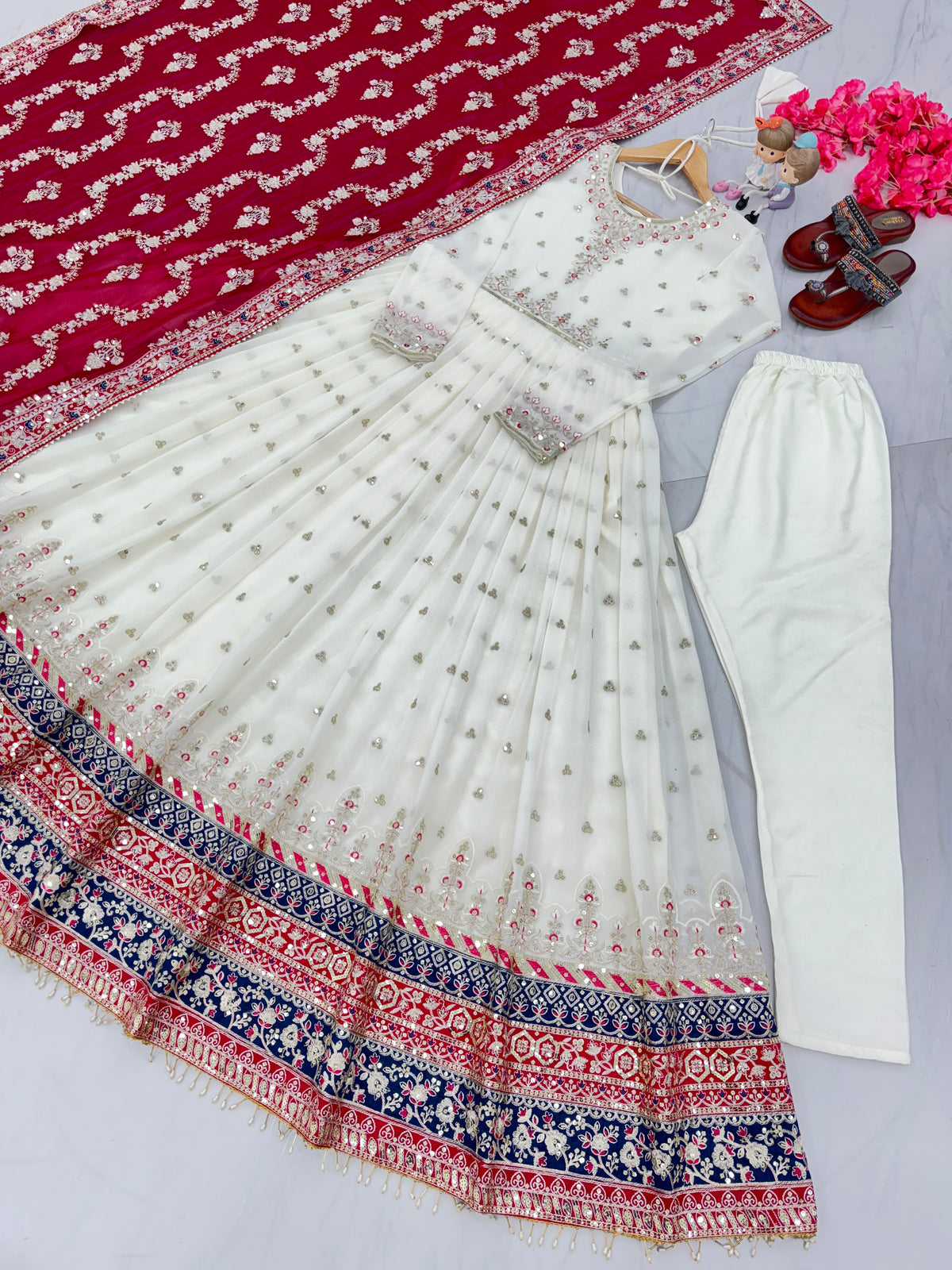 Off-White & Rani Pink Embroidered Georgette Anarkali Gown with Dupatta