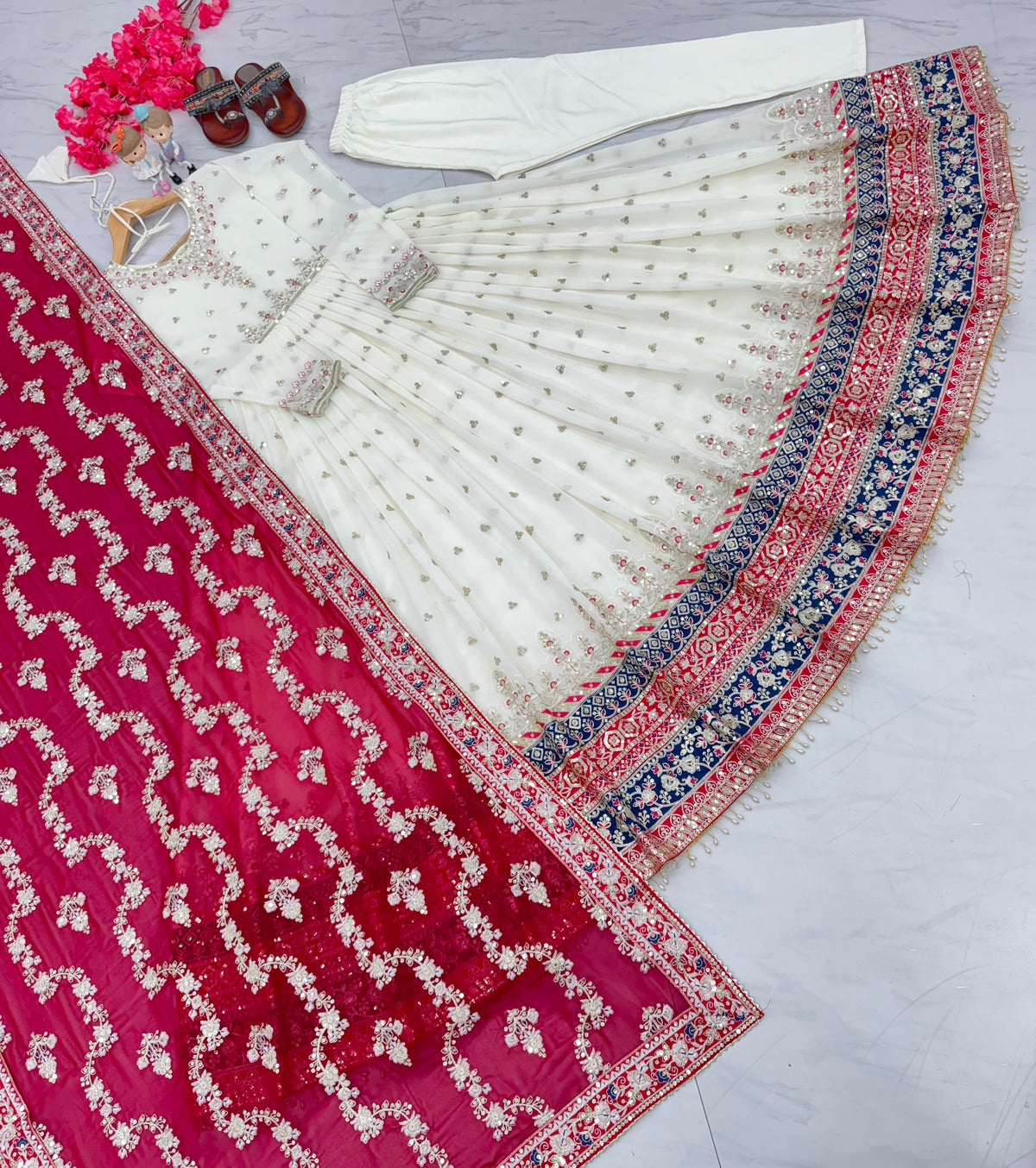Off-White & Rani Pink Embroidered Georgette Anarkali Gown with Dupatta