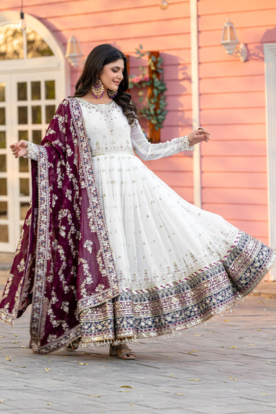 Off-White & Wine Maroon Embroidered Georgette Anarkali Gown with Dupatta