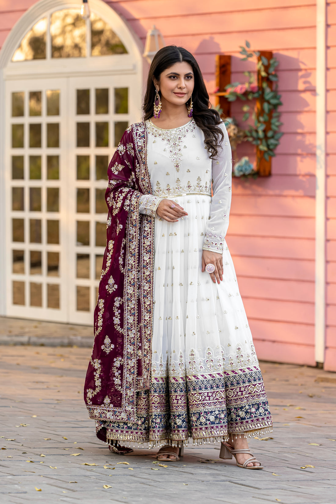 Off-White & Wine Maroon Embroidered Georgette Anarkali Gown with Dupatta
