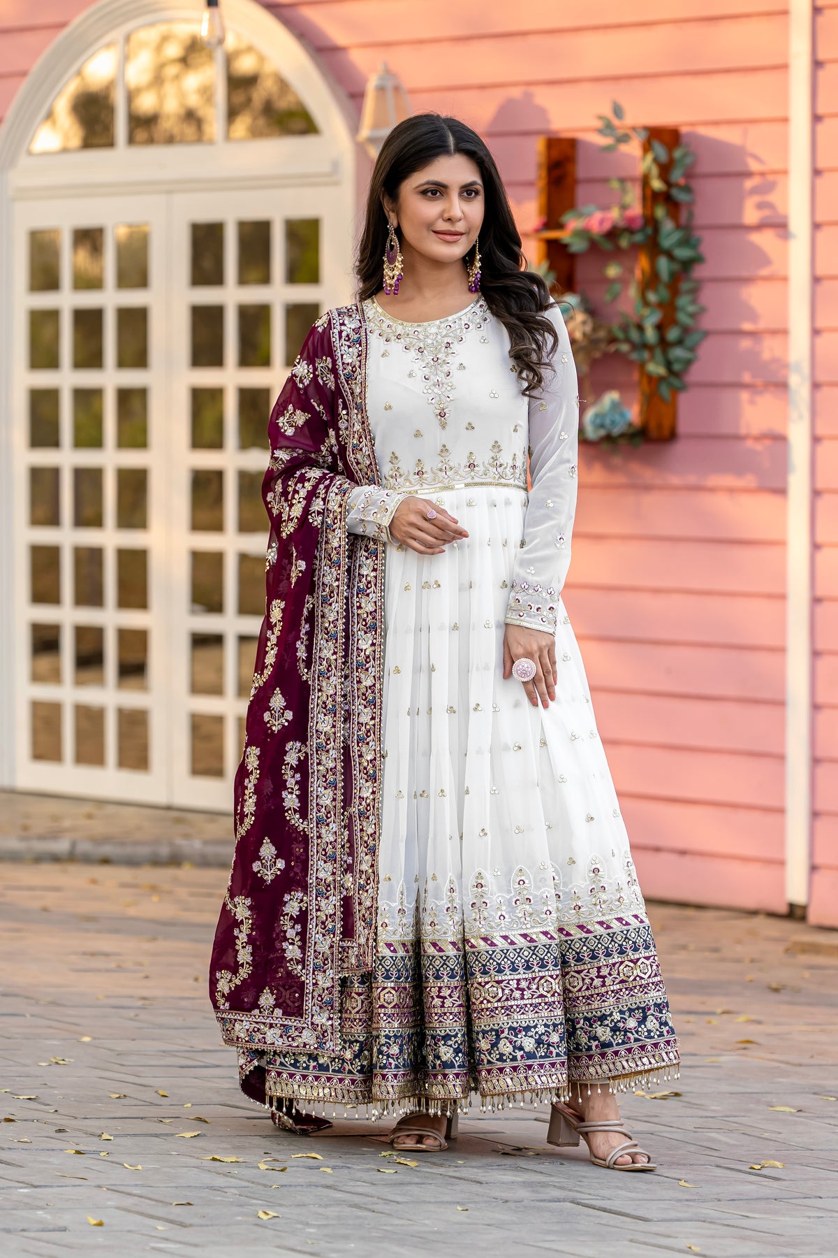 Off-White & Wine Maroon Embroidered Georgette Anarkali Gown with Dupatta