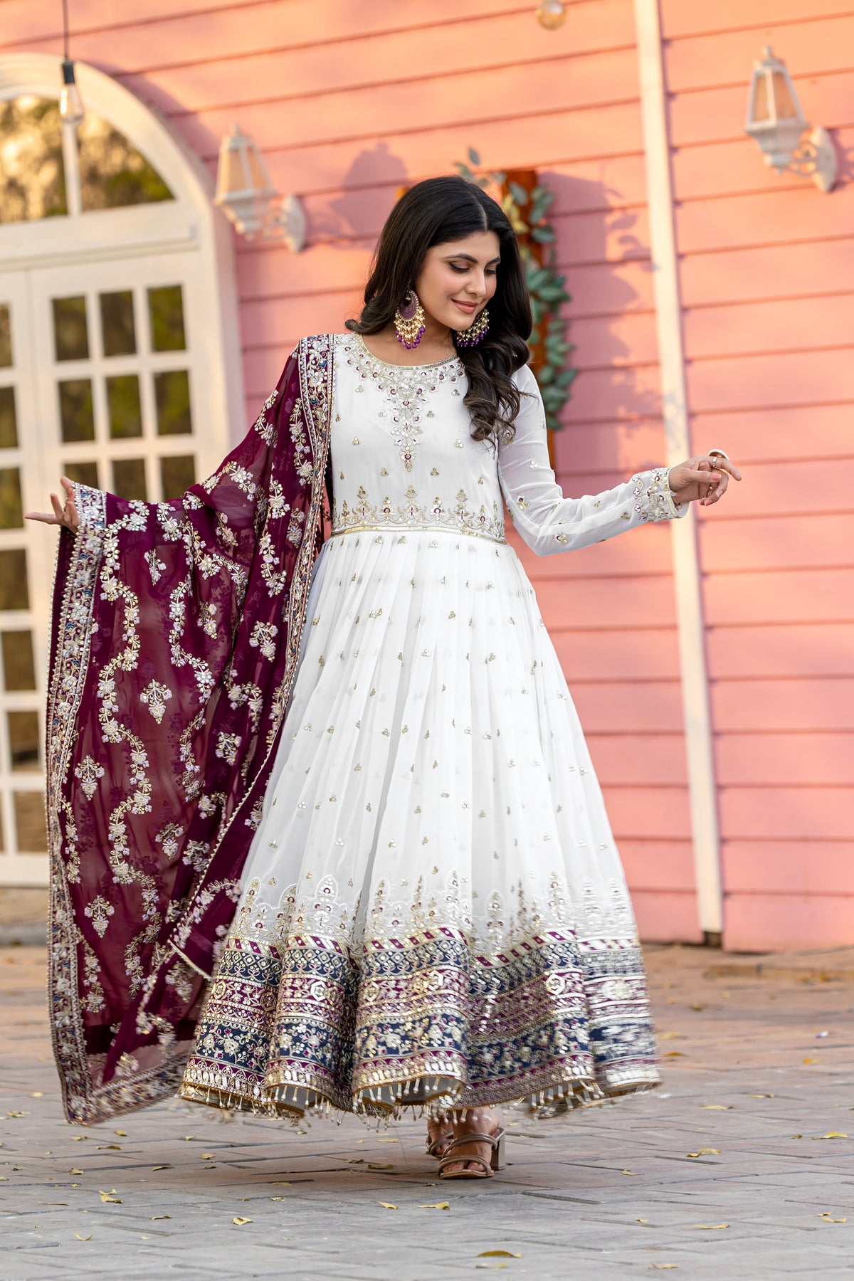 Off-White & Wine Maroon Embroidered Georgette Anarkali Gown with Dupatta