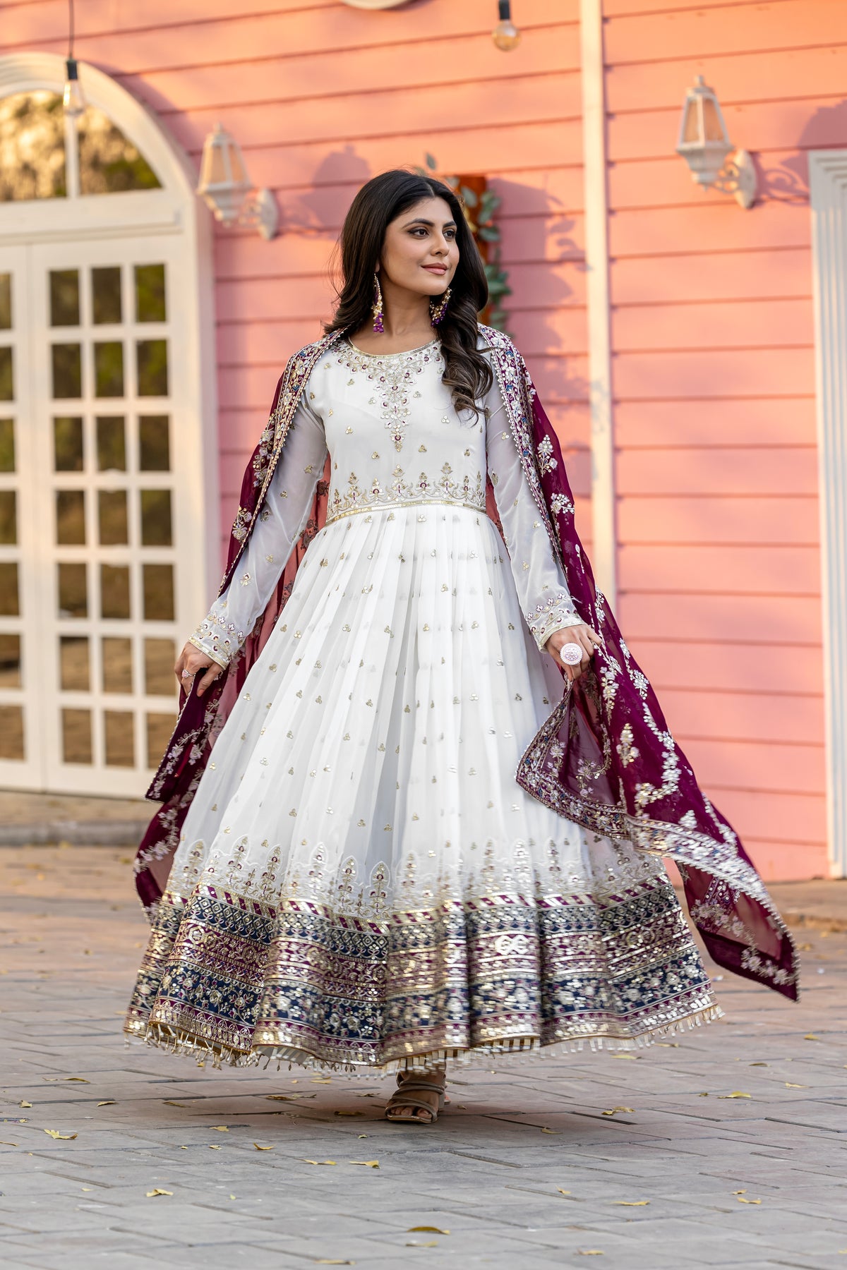 Off-White & Wine Maroon Embroidered Georgette Anarkali Gown with Dupatta