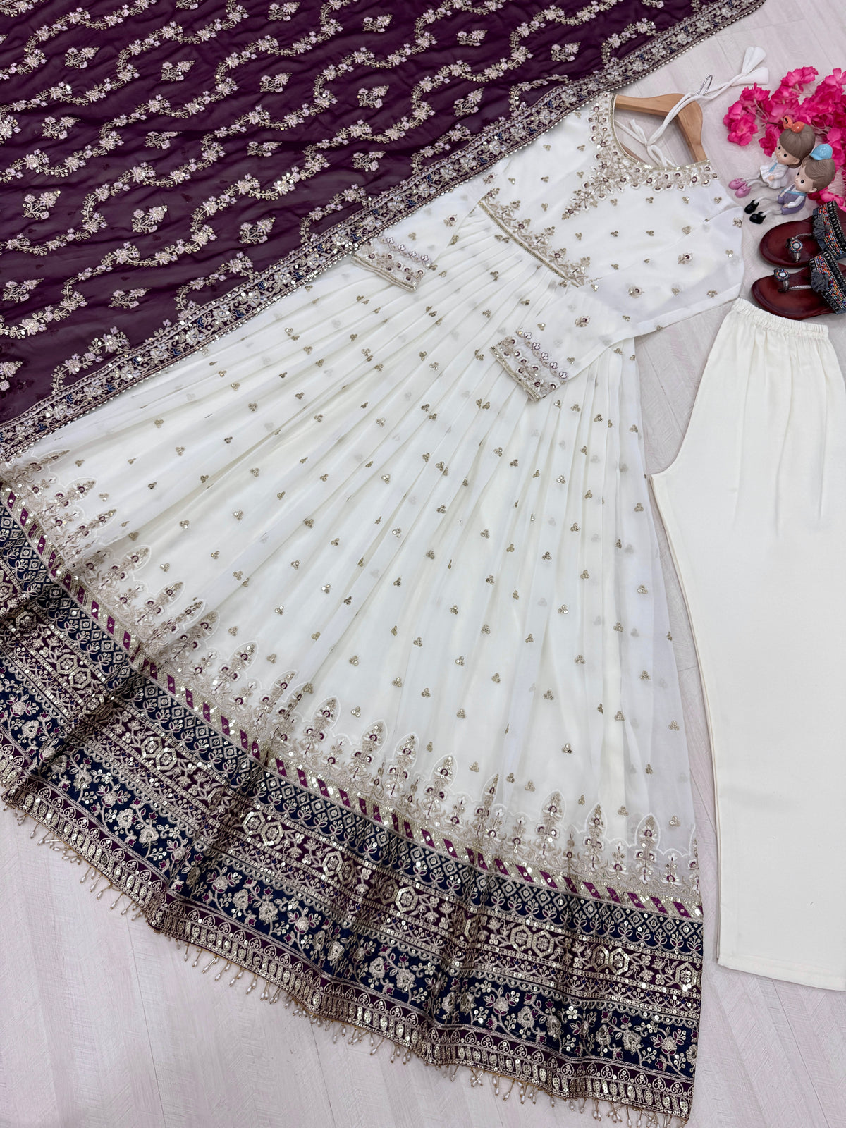 Off-White & Wine Maroon Embroidered Georgette Anarkali Gown with Dupatta