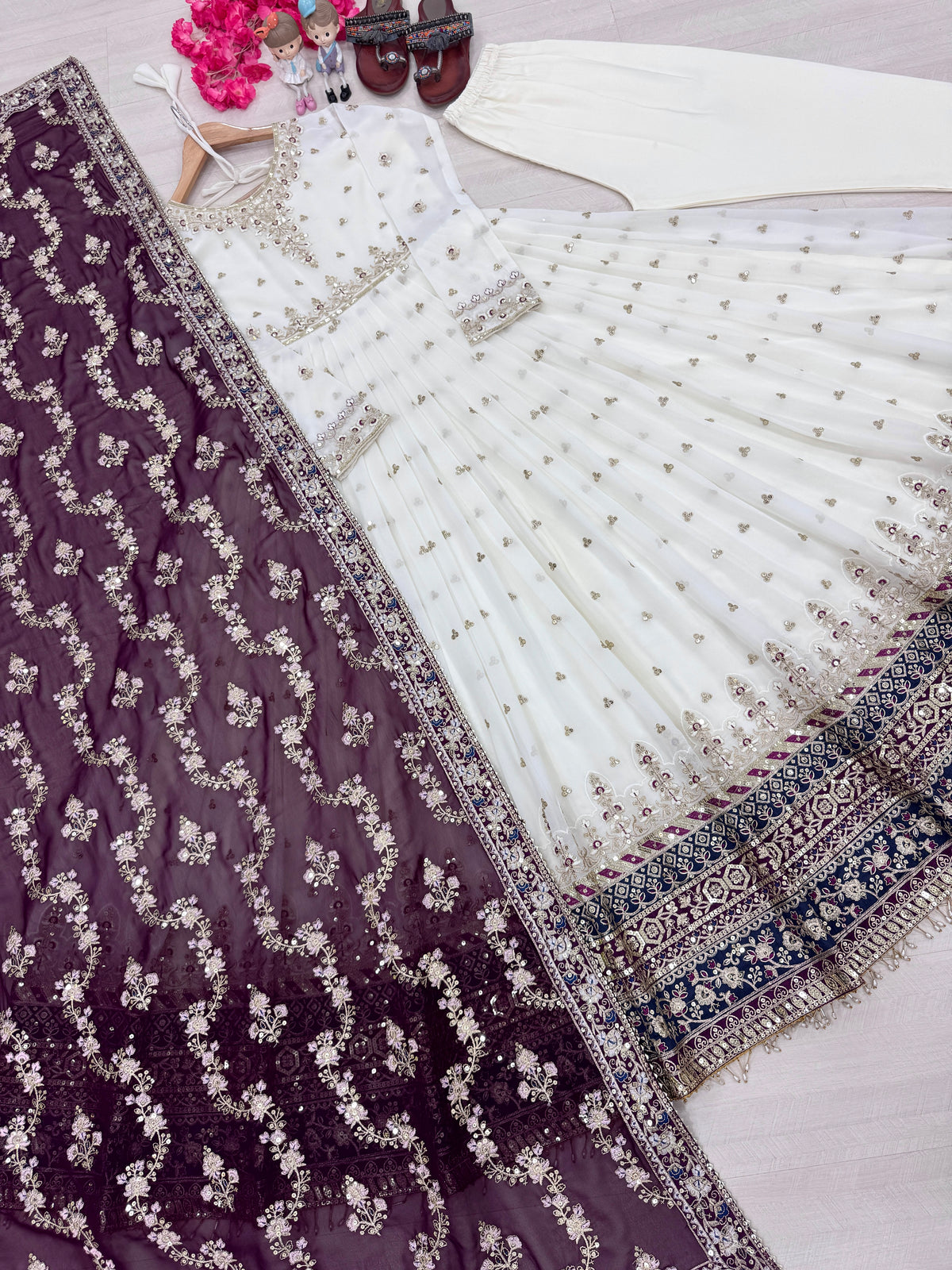 Off-White & Wine Maroon Embroidered Georgette Anarkali Gown with Dupatta