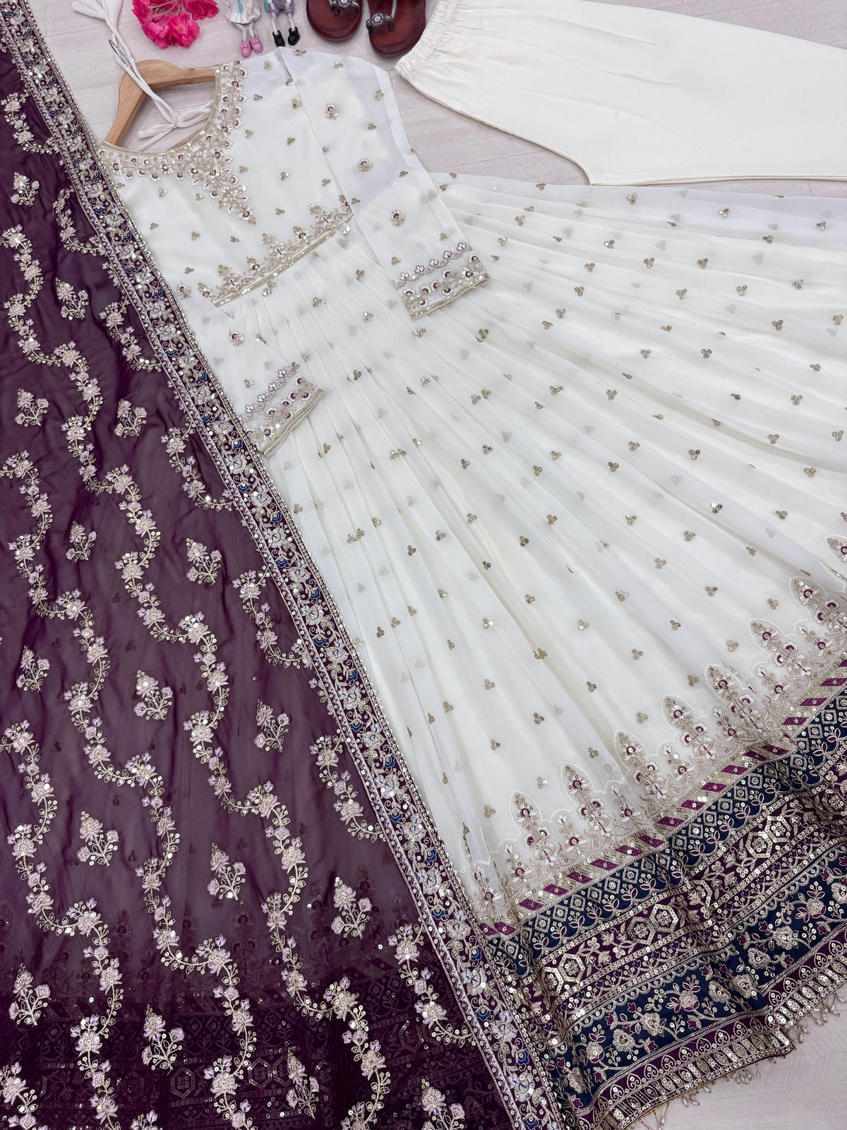 Off-White & Wine Maroon Embroidered Georgette Anarkali Gown with Dupatta