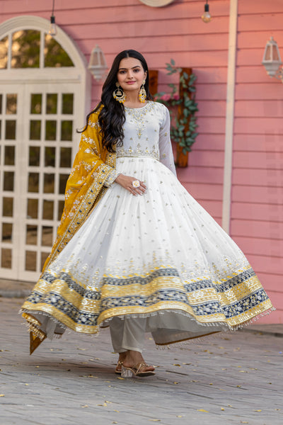 Off-White & Mustard Yellow Embroidered Georgette Anarkali Gown with Dupatta