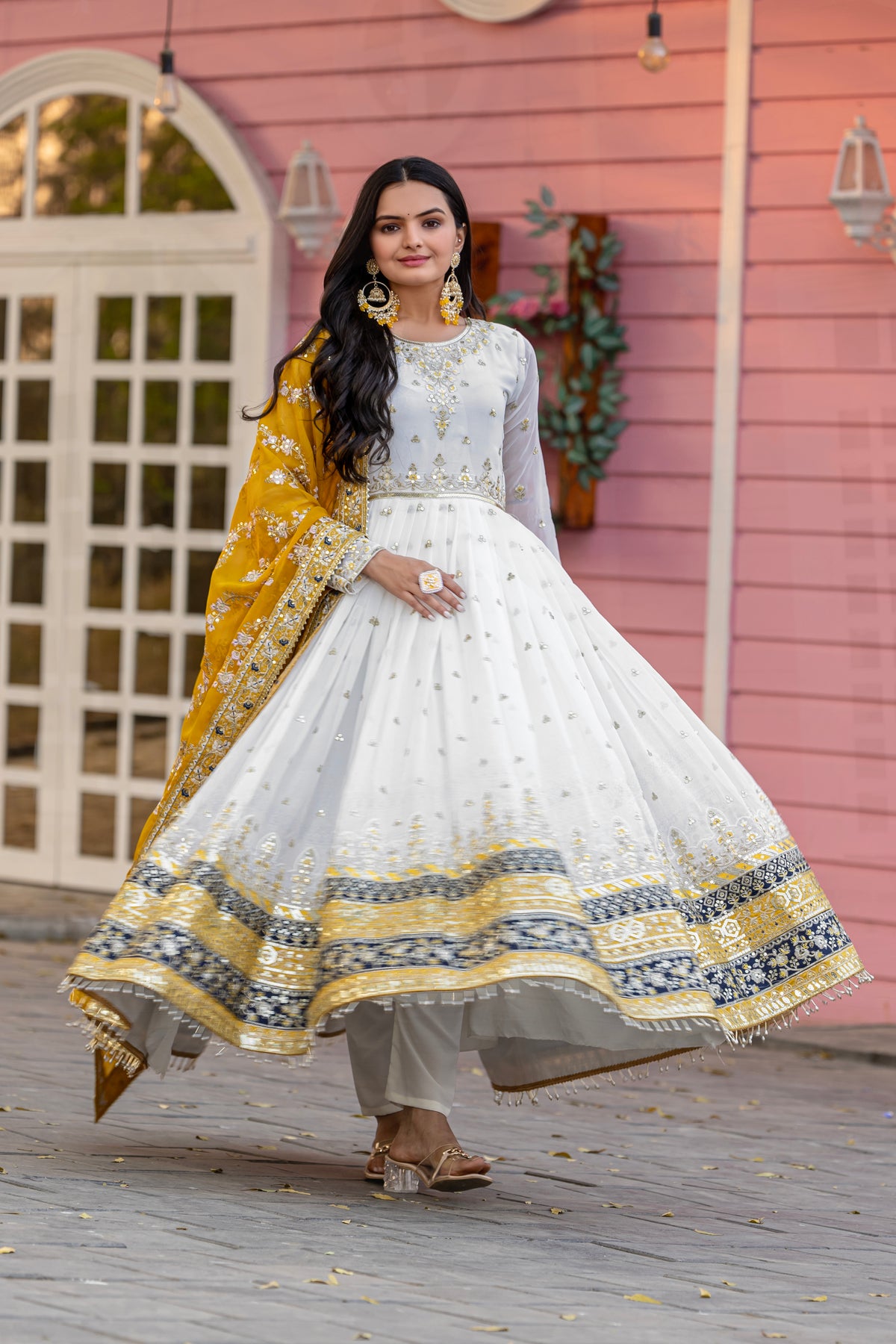 Off-White & Mustard Yellow Embroidered Georgette Anarkali Gown with Dupatta