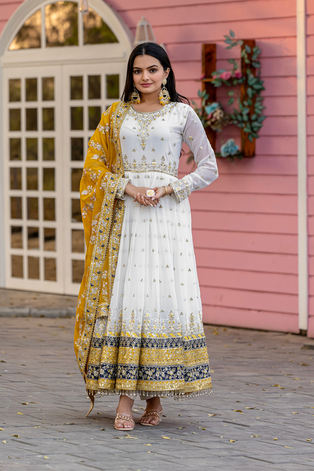 Off-White & Mustard Yellow Embroidered Georgette Anarkali Gown with Dupatta