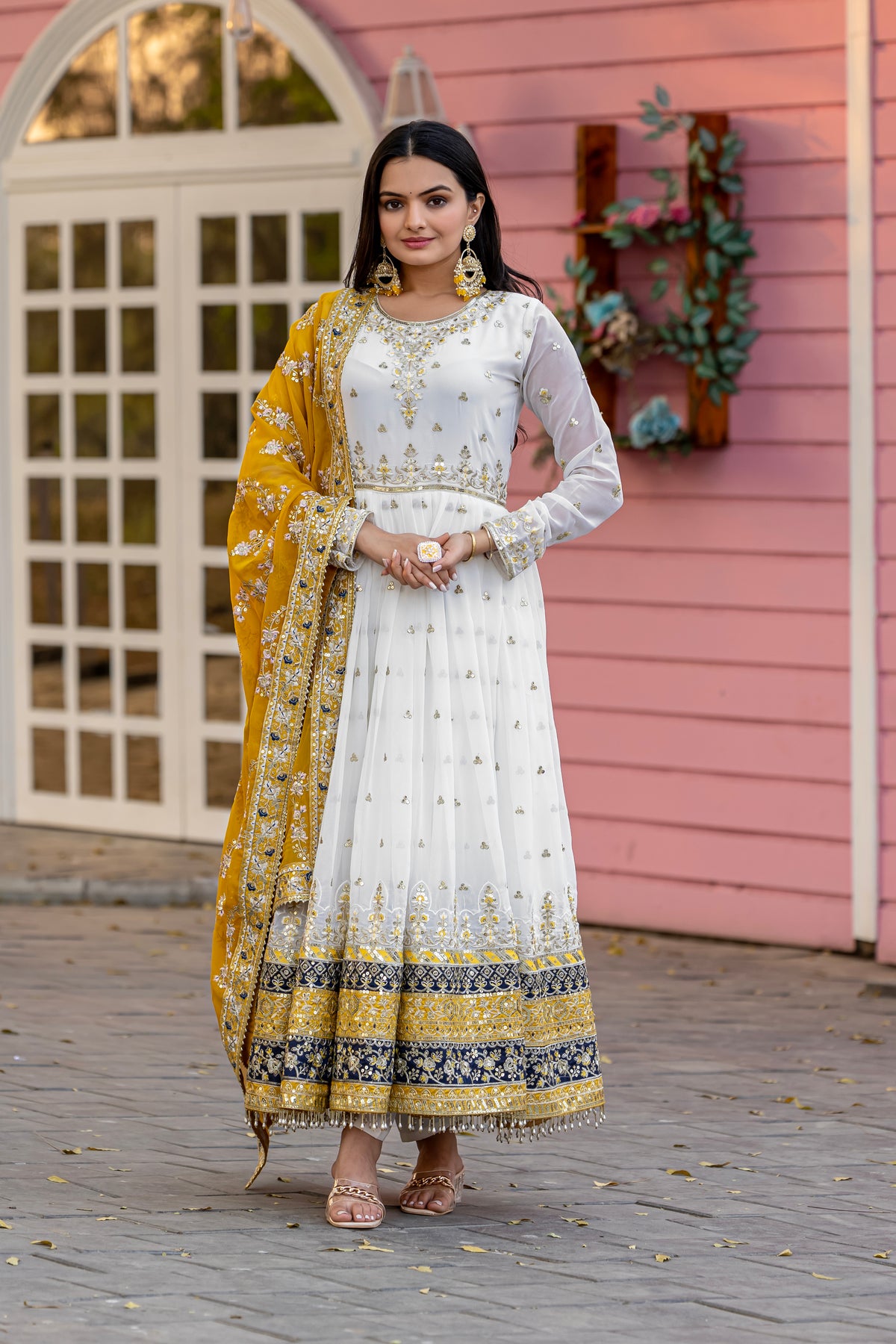Off-White & Mustard Yellow Embroidered Georgette Anarkali Gown with Dupatta