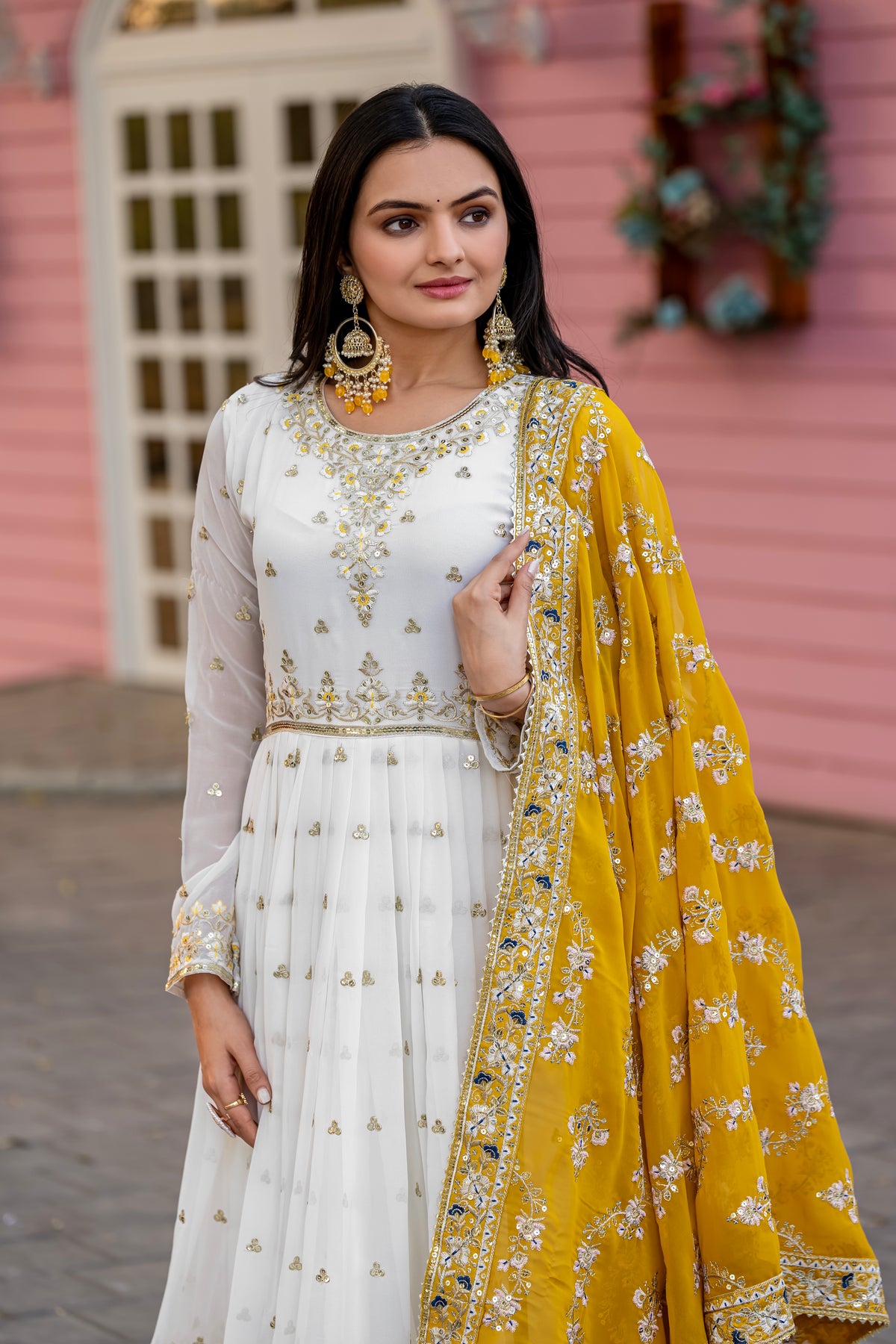 Off-White & Mustard Yellow Embroidered Georgette Anarkali Gown with Dupatta