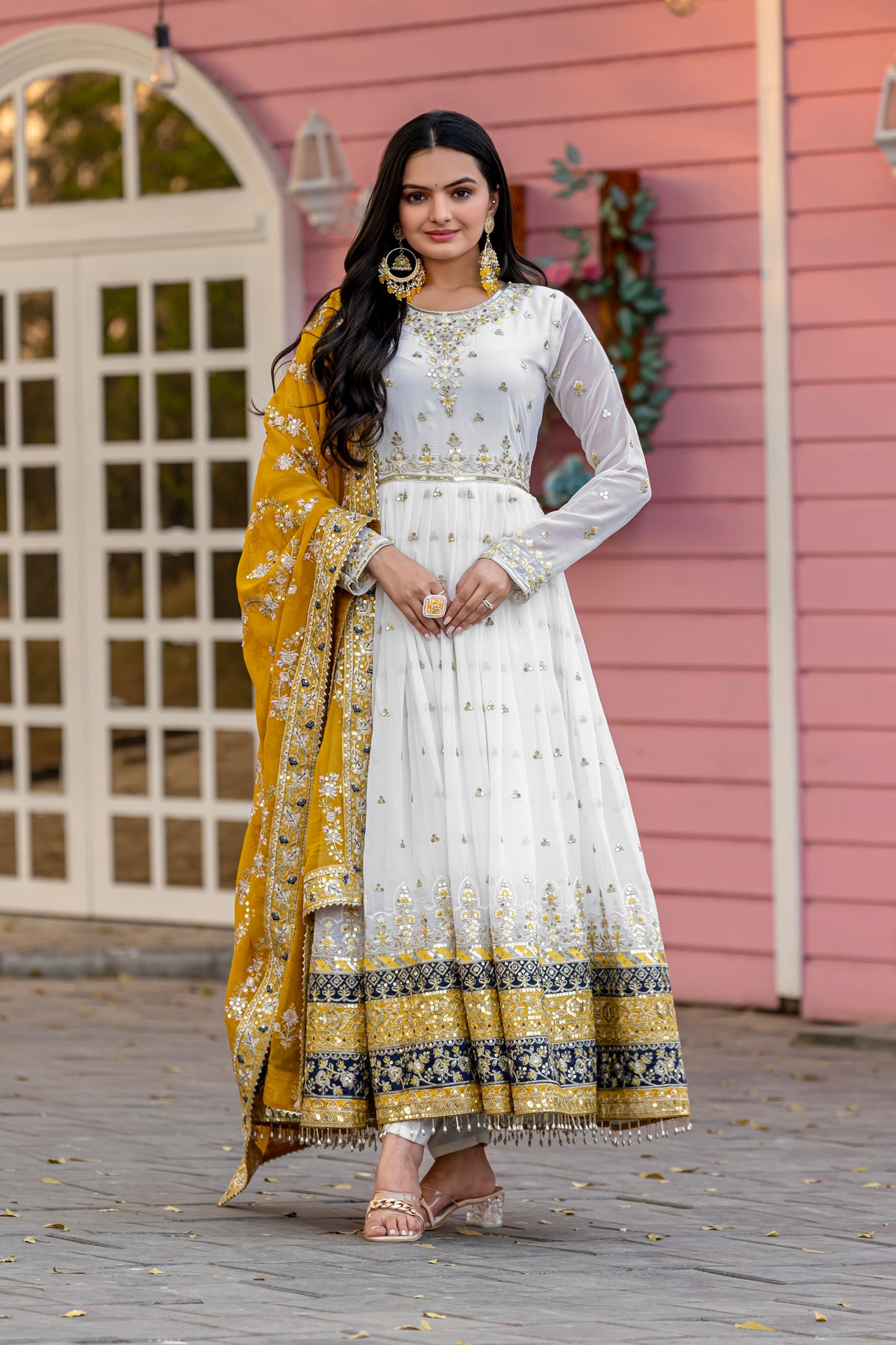 Off-White & Mustard Yellow Embroidered Georgette Anarkali Gown with Dupatta