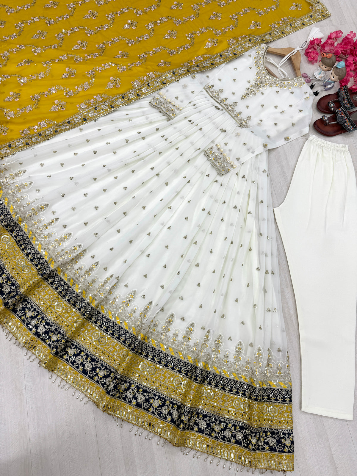 Off-White & Mustard Yellow Embroidered Georgette Anarkali Gown with Dupatta
