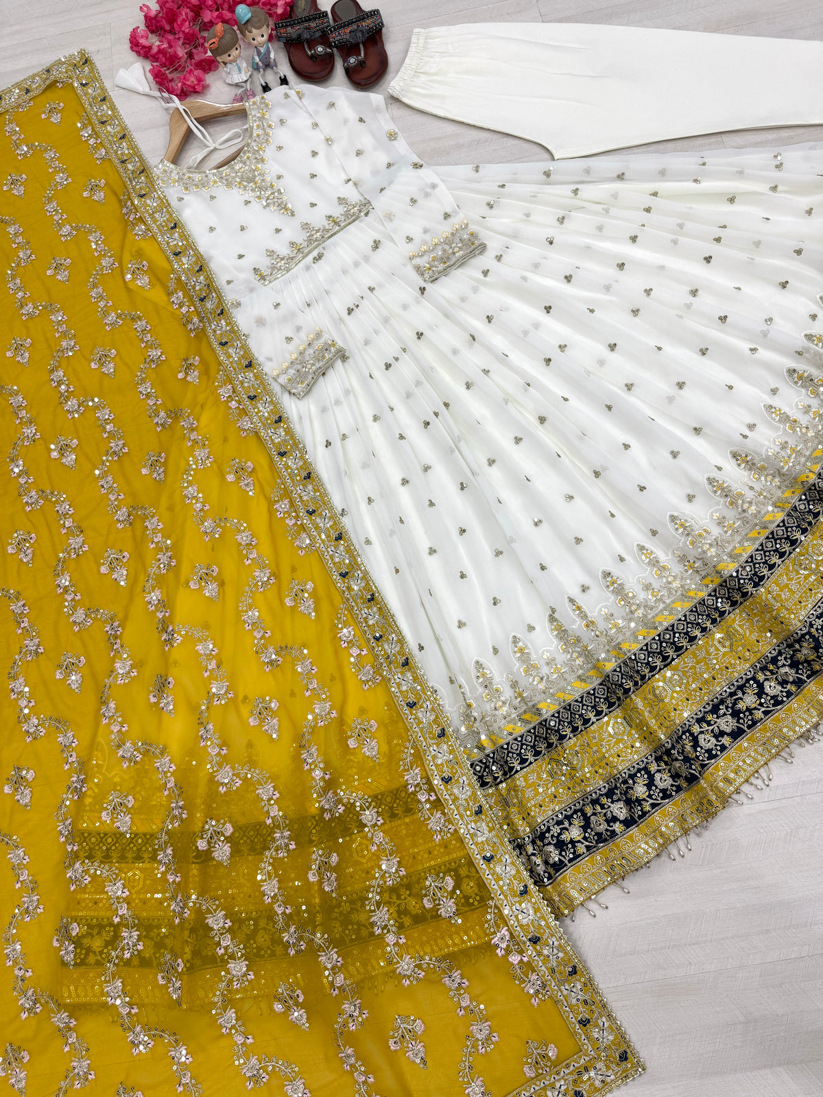 Off-White & Mustard Yellow Embroidered Georgette Anarkali Gown with Dupatta