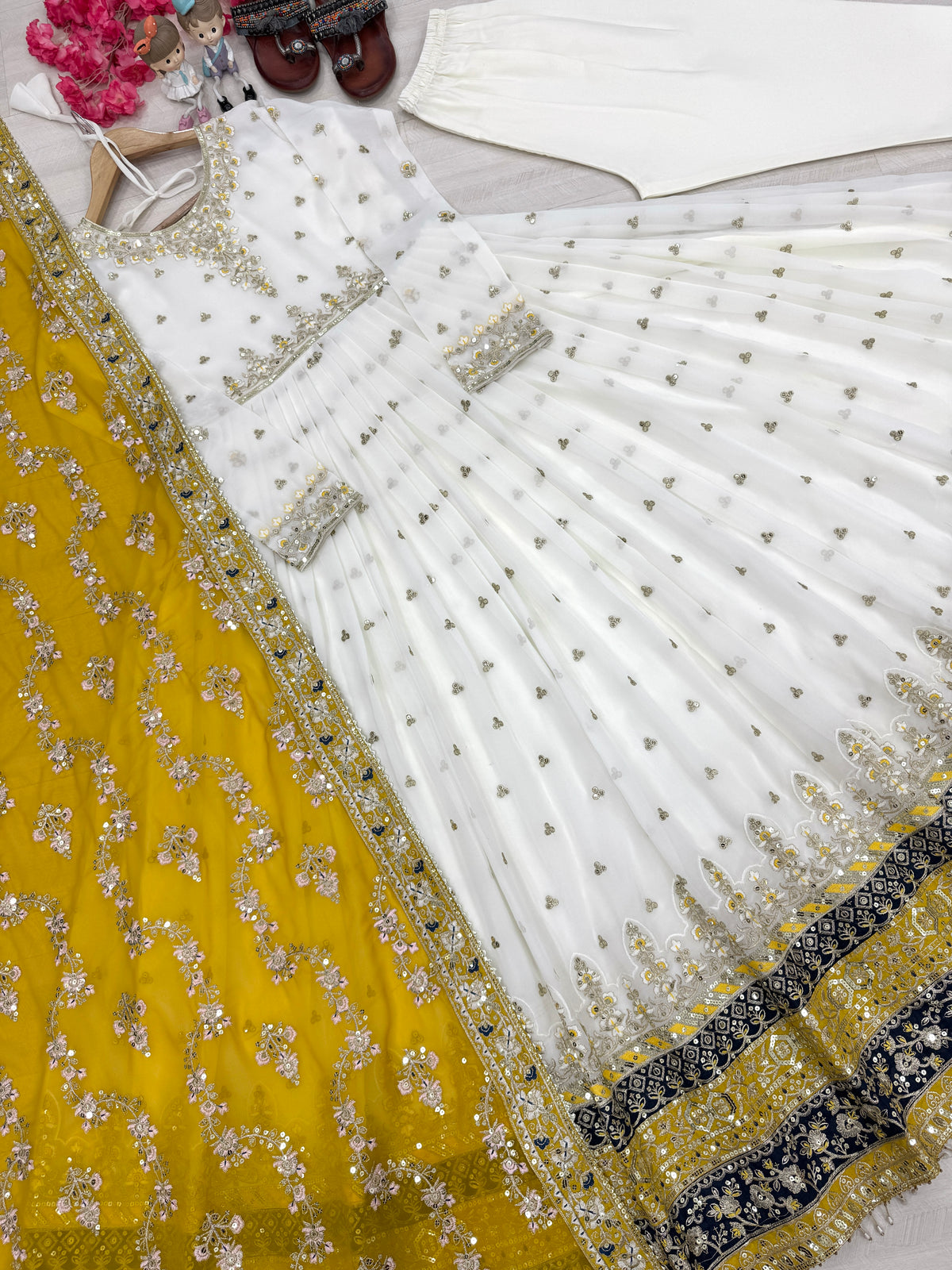 Off-White & Mustard Yellow Embroidered Georgette Anarkali Gown with Dupatta