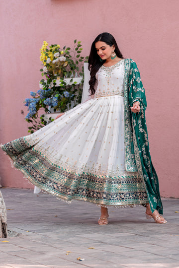 Off-White & Bottle Green Embroidered Georgette Anarkali Gown with Dupatta