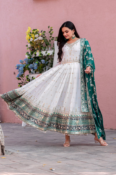 Off-White & Bottle Green Embroidered Georgette Anarkali Gown with Dupatta