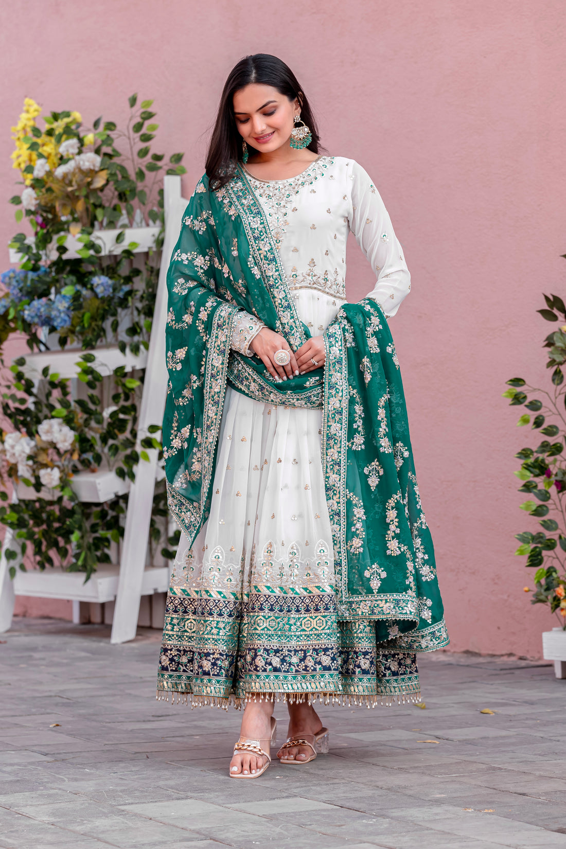 Off-White & Bottle Green Embroidered Georgette Anarkali Gown with Dupatta