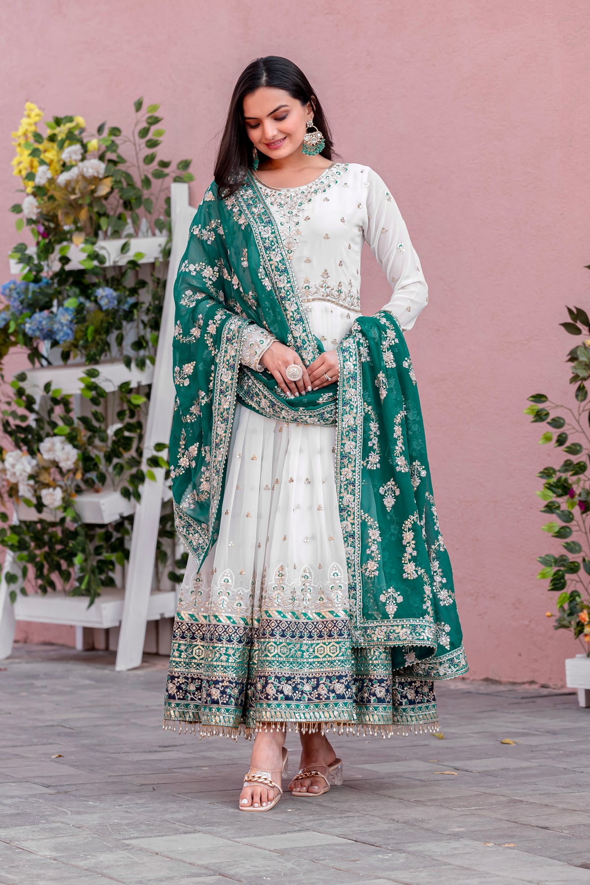 Off-White & Bottle Green Embroidered Georgette Anarkali Gown with Dupatta