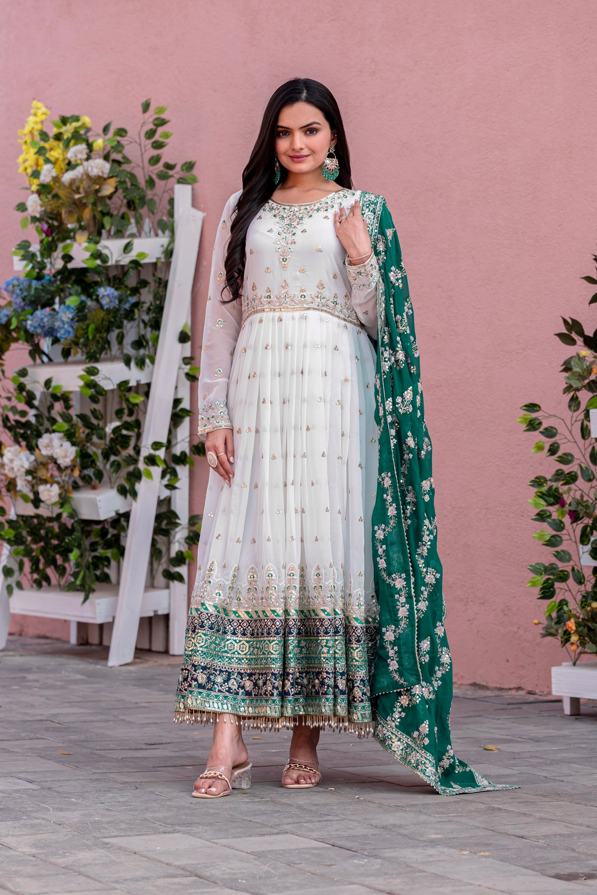 Off-White & Bottle Green Embroidered Georgette Anarkali Gown with Dupatta