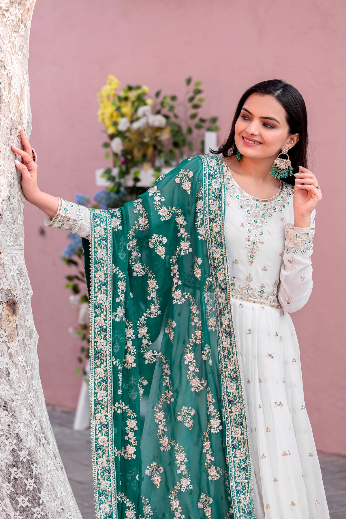Off-White & Bottle Green Embroidered Georgette Anarkali Gown with Dupatta