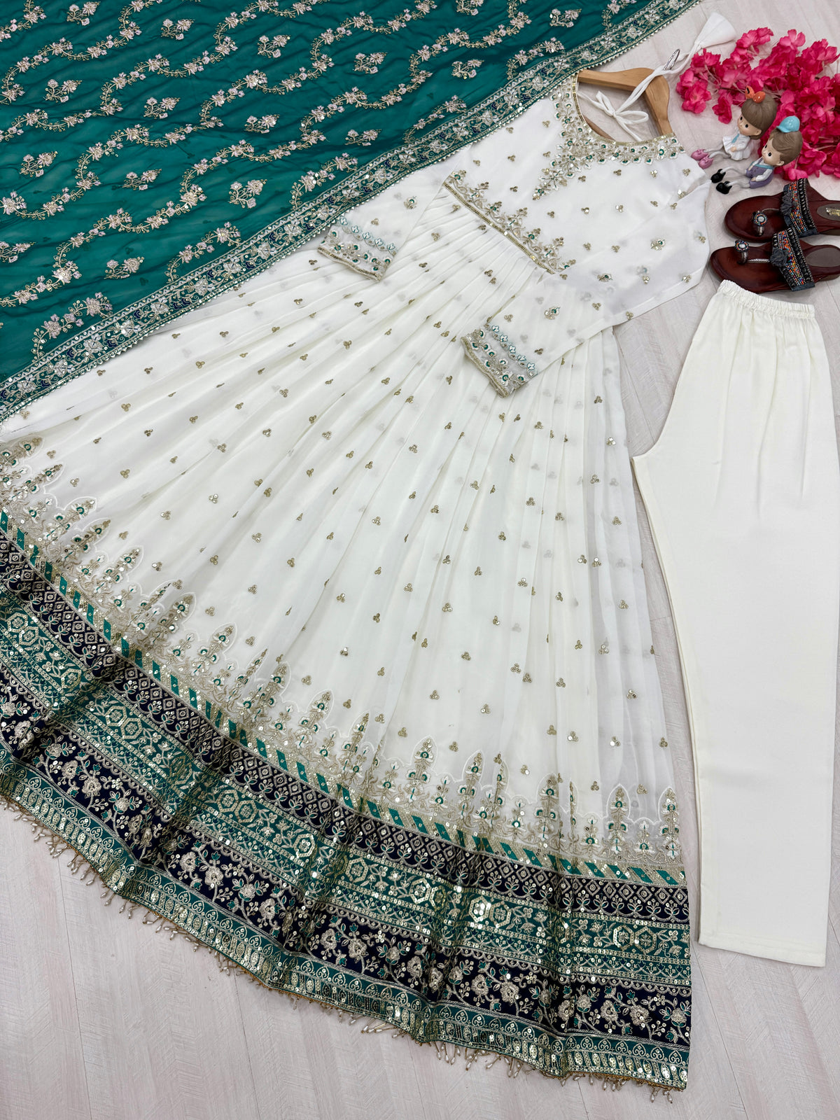 Off-White & Bottle Green Embroidered Georgette Anarkali Gown with Dupatta