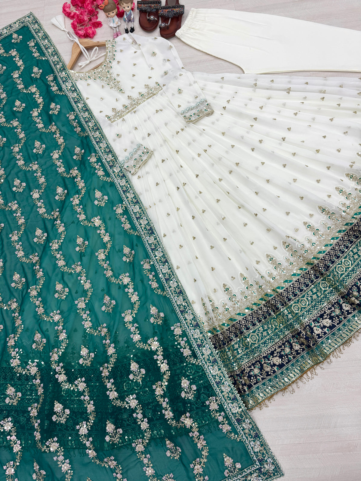 Off-White & Bottle Green Embroidered Georgette Anarkali Gown with Dupatta