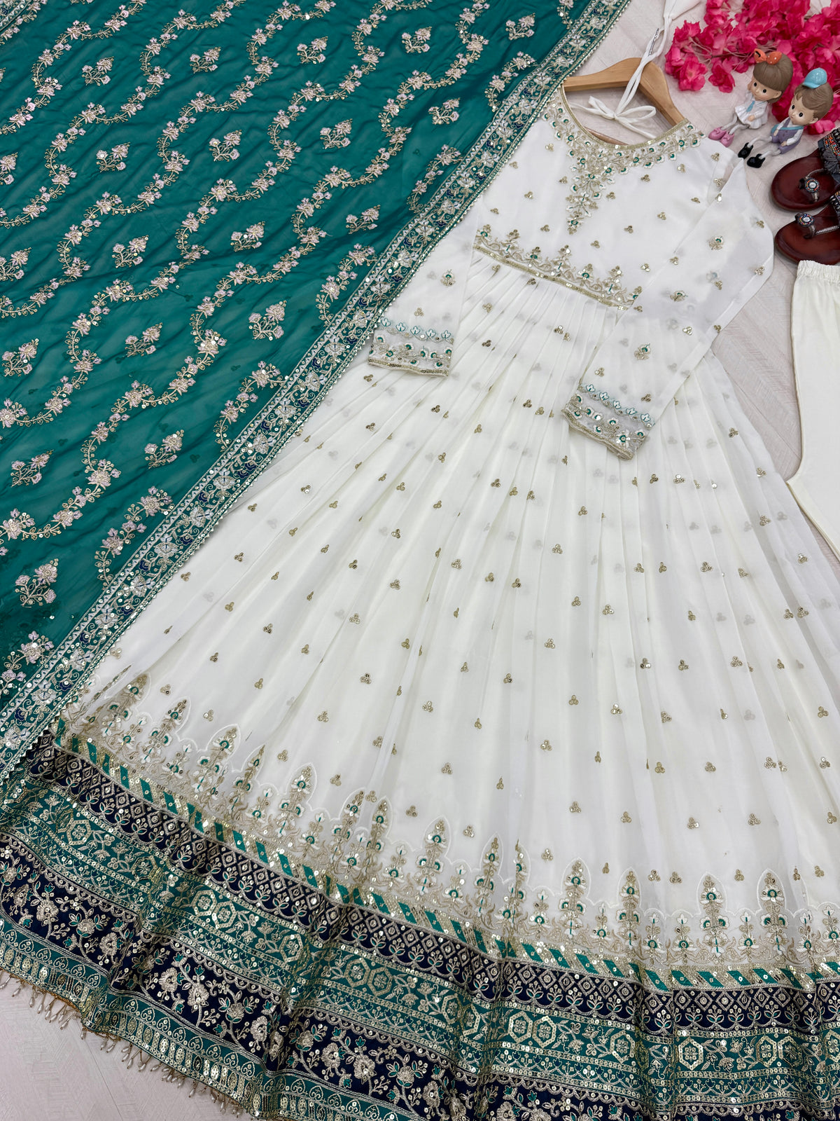 Off-White & Bottle Green Embroidered Georgette Anarkali Gown with Dupatta