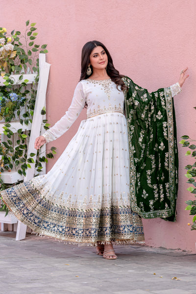 Off-White & Sea Green Embroidered Georgette Anarkali Gown with Dupatta