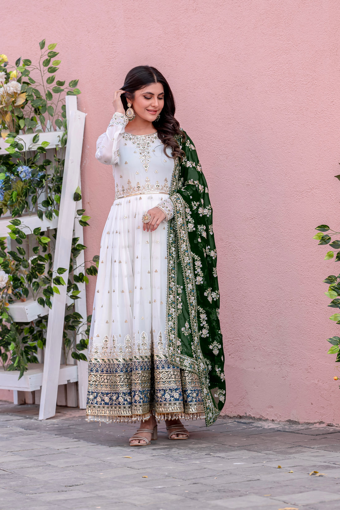 Off-White & Sea Green Embroidered Georgette Anarkali Gown with Dupatta