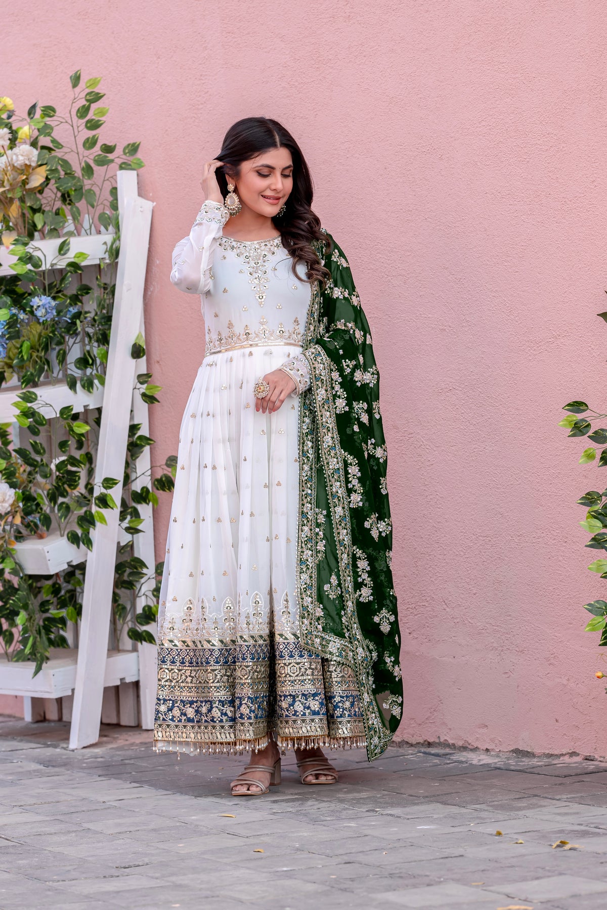 Off-White & Sea Green Embroidered Georgette Anarkali Gown with Dupatta