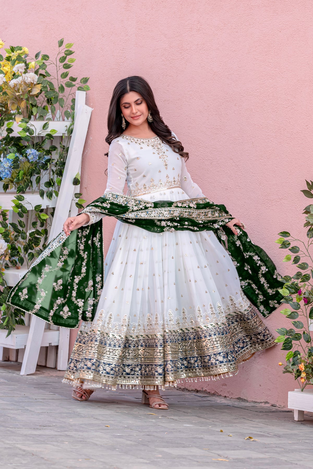 Off-White & Sea Green Embroidered Georgette Anarkali Gown with Dupatta