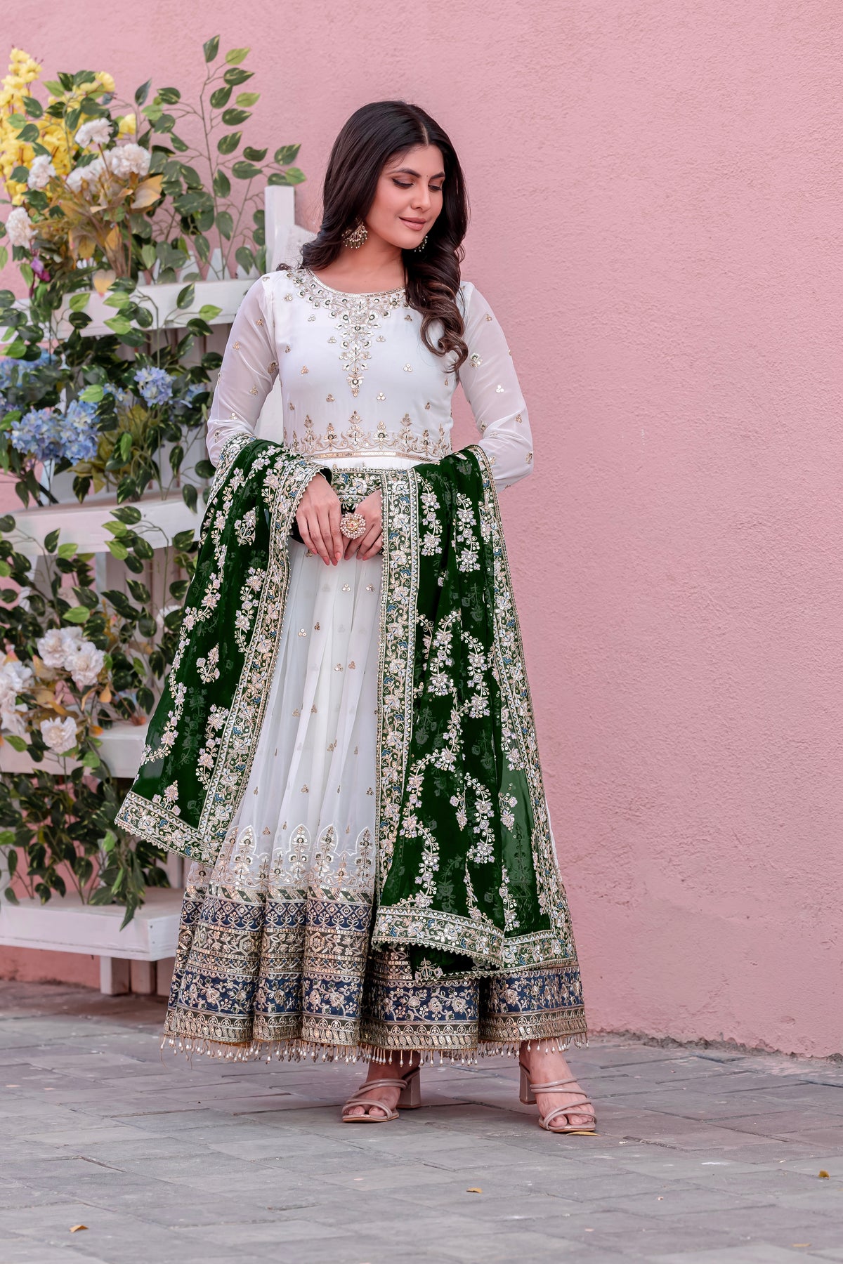 Off-White & Sea Green Embroidered Georgette Anarkali Gown with Dupatta