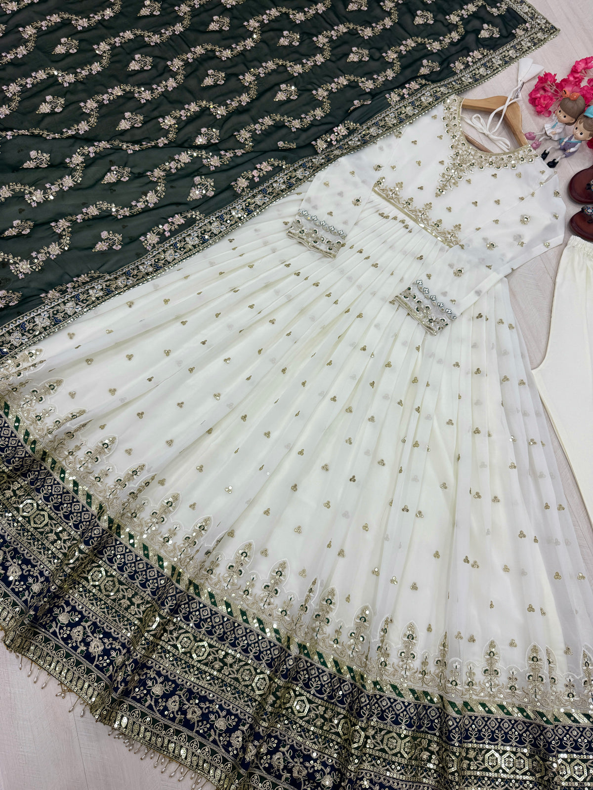 Off-White & Sea Green Embroidered Georgette Anarkali Gown with Dupatta