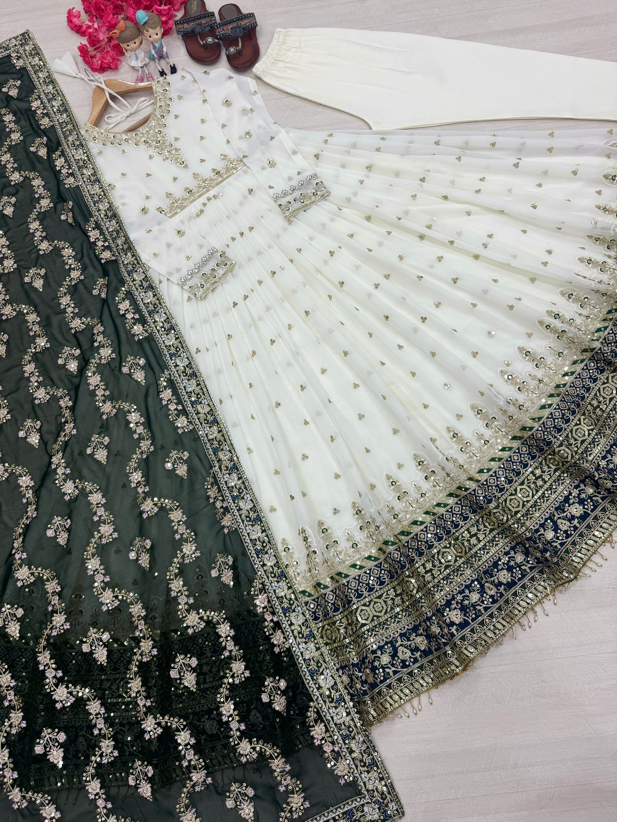 Off-White & Sea Green Embroidered Georgette Anarkali Gown with Dupatta