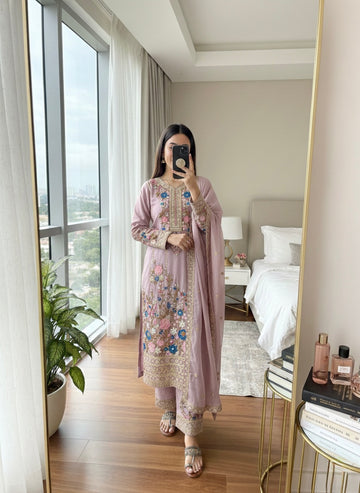Dusty Mauve Embroidered Chinon Silk Kurta Palazzo Set with Dupatta