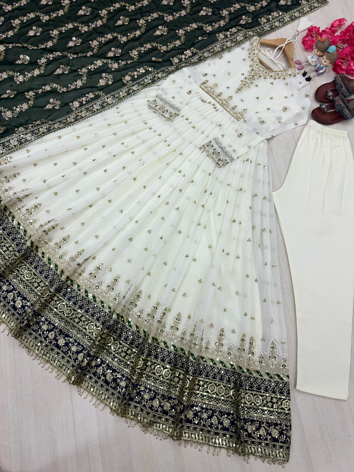 Off-White & Sea Green Embroidered Georgette Anarkali Gown with Dupatta