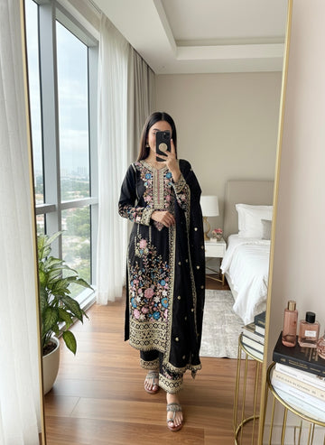 Classic Black Embroidered Chinon Silk Kurta Palazzo Set with Dupatta