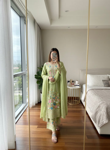 Pista Green Embroidered Chinon Silk Kurta Palazzo Set with Dupatta
