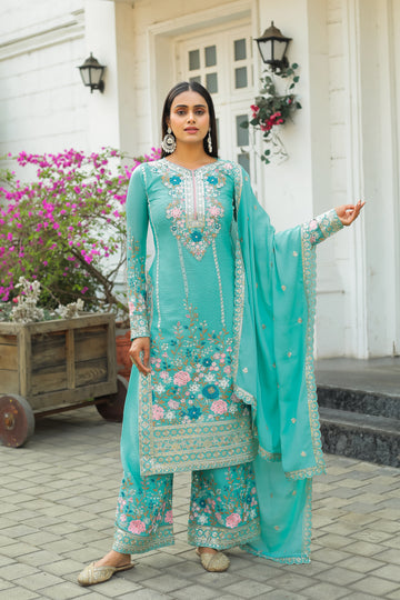 Turquoise Blue Embroidered Chinon Silk Kurta Palazzo Set with Dupatta